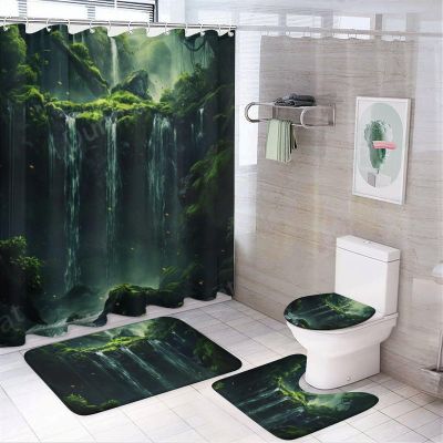 FOCCAFB 4 Pcs Vintage Tropical Waterfall Bathroom Sets with Shower Curtain and Rugs, Abstract Forest Nature Landscape Shower Curtain Set with Rug, Mats and Accessories for Bathroom Decor