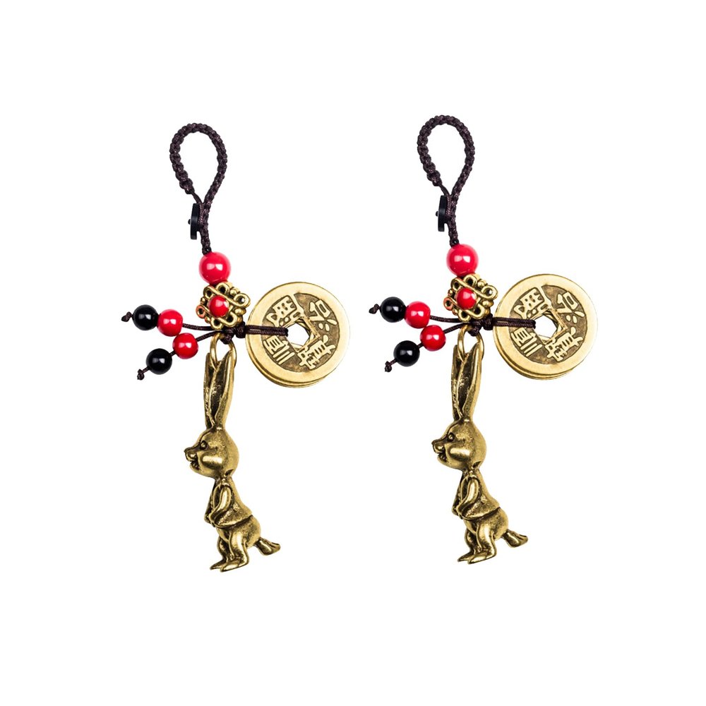 Brass Zodiac Rabbit Key Chain Pendant with Five Emperor Coins, Motorcycle Keychain Bag Pendant, Set of 2