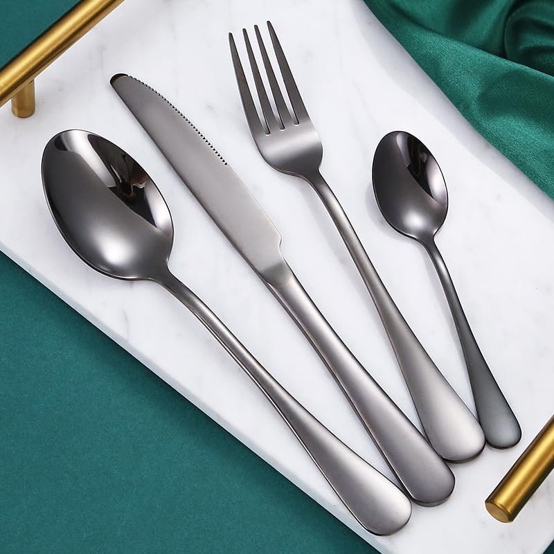 ONUIFIKE Silverware Set, 4/16/24/32 Pieces Stainless Steel Tableware Set Hotel Home Steak Knife Fork Spoon, Cutlery Flatware Set (Color : Black, Size : 6Set-24Pcs)