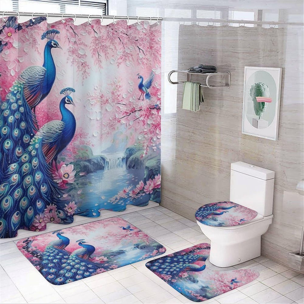 Brebasf Watercolor Japanese Cherry Blossom Peacock 4 Pcs Waterproof Shower Curtains Set,Modern Oil Painting Florals Waterfall Bird Shower Curtains with Shower Rugs Mat Toilet Cover-72 W X 72" L