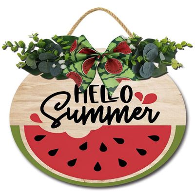 FemiaD Hello Summer Door Sign Watermelon Summer Welcome Sign for Front Door 12inch Round Wood Summer Door Wreaths Sign for Home Home Office Shop Window