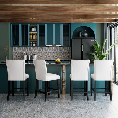 JESONVID Set of 4 Counter Height Bar Stools with Nailhead Trim, 20.1" H Solid Wood Counter Stools Barstools Chairs with Upholstered Back for Bar Kitchen Restaurant, Ivory