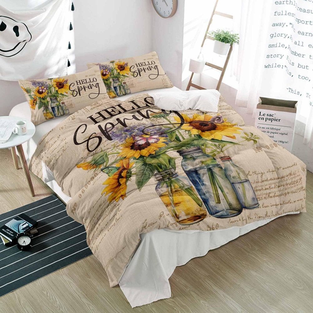 3 Piece Bed Set Spring Sunflower Bottle Retro Linen,Ultra Soft Breathable Duvet Cover and Pillow Shams,Lavender Letter Postmark Back Bedding Sets for Bedroom Hotel Dormitory Guest Room Decor Cal King