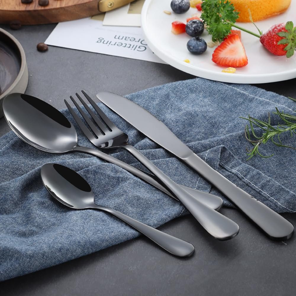 Black Silverware Set for 10 Luxury Beautifully Gloss Black Handle Flatware Set 40 Pieces Elegant Tableware Set 18/10 Stainless Steel Cutlery Utensil Sets for Home Restaurant Mirror Finish