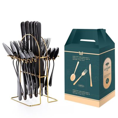 IFAJOOR Flatware Silverware Set, 24-piece Stainless Steel Cutlery Set, Golden Steak Knife, Fork, Spoon Hanging Rack Gift Box, Cutlery Set (Color : Black)