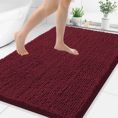 Smiry Luxury Chenille Bathroom Rugs 48x32, Extra Soft and Absorbent Shaggy Bath Mat, Machine Washable, Non-Slip Plush Carpet Runner for Tub, Shower, and Floor, Home Decor Accessories, Burgundy
