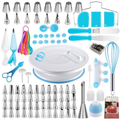 Cake Decorating Supplies Kit with Ebook, Cake Turntable for Decorating, 64 Icing Ping Tips, 32 Piping Bags,3 Icing Scrapers, 2 Spatulas, 14 Fondant Mould, Cake Leveler for Baking Beginners(Blue)