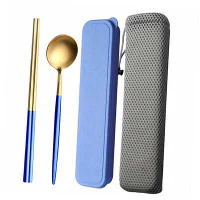BIUDECO Stainless Steel Chopsticks and Spoons Set Utensils for Men and Women Portable Dining Includes of Chopsticks and Spoon Blue-gold with Cloth Bag