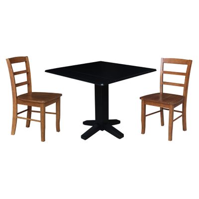 IC International Concepts 36" Solid Wood Square Dual Drop Leaf Dining Table with 2 Chairs in Black/Distressed Oak