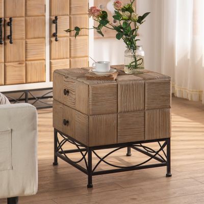AIYIBETY Coffee Table, 21.06" Small Grid Splicing Design Retro Square Coffee Table with 2 Drawers,for Living Room,Office,and Dining Room