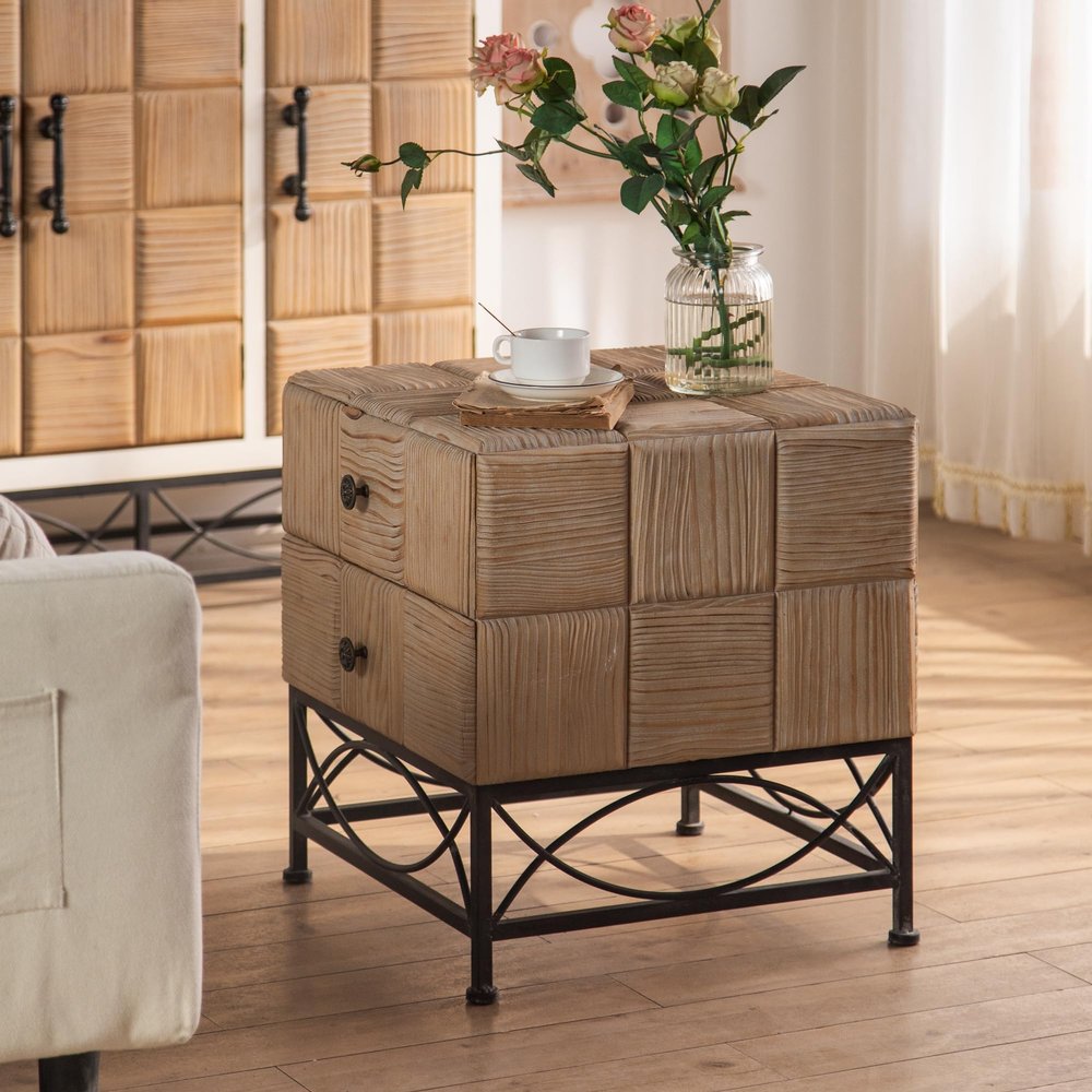 AIYIBETY Coffee Table, 21.06" Small Grid Splicing Design Retro Square Coffee Table with 2 Drawers,for Living Room,Office,and Dining Room