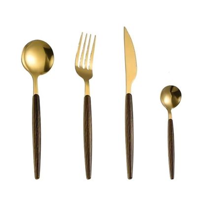 WHIERGGIN Silverware Set, 4/16/24/32 Pieces Wooden Handle Portuguese Tableware Retro Stainless Steel Clip Handle Steak Knife Fork Coffee Spoon (Color : Gold, Size : 8Set-32Pcs)