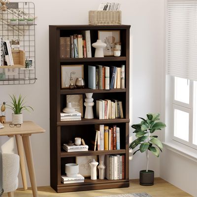 blini 5-Shelf Tall Bookcase Wooden Bookshelves 33in Wide Floor Standing Display Storage Book Shelves 70 in Dark Cherry Bookcase for Home Office, Living Room, Bed Room