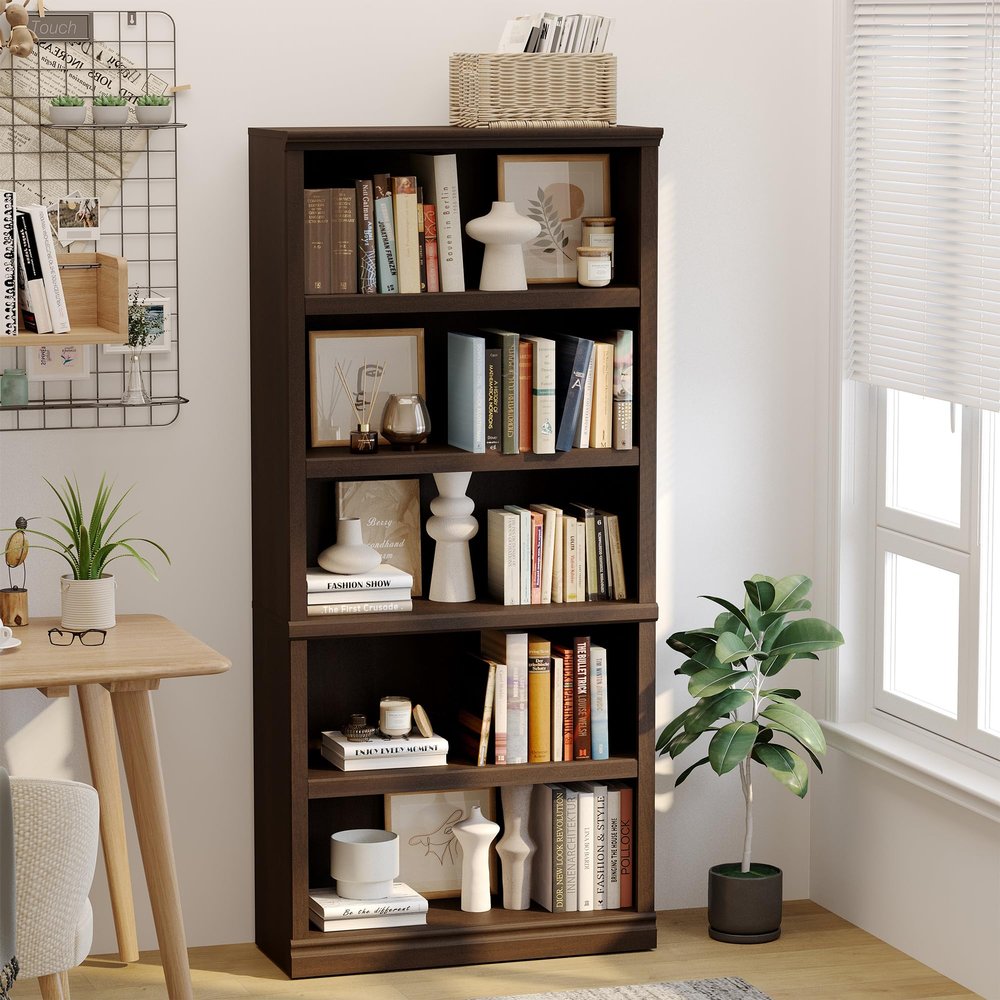 blini 5-Shelf Tall Bookcase Wooden Bookshelves 33in Wide Floor Standing Display Storage Book Shelves 70 in Dark Cherry Bookcase for Home Office, Living Room, Bed Room