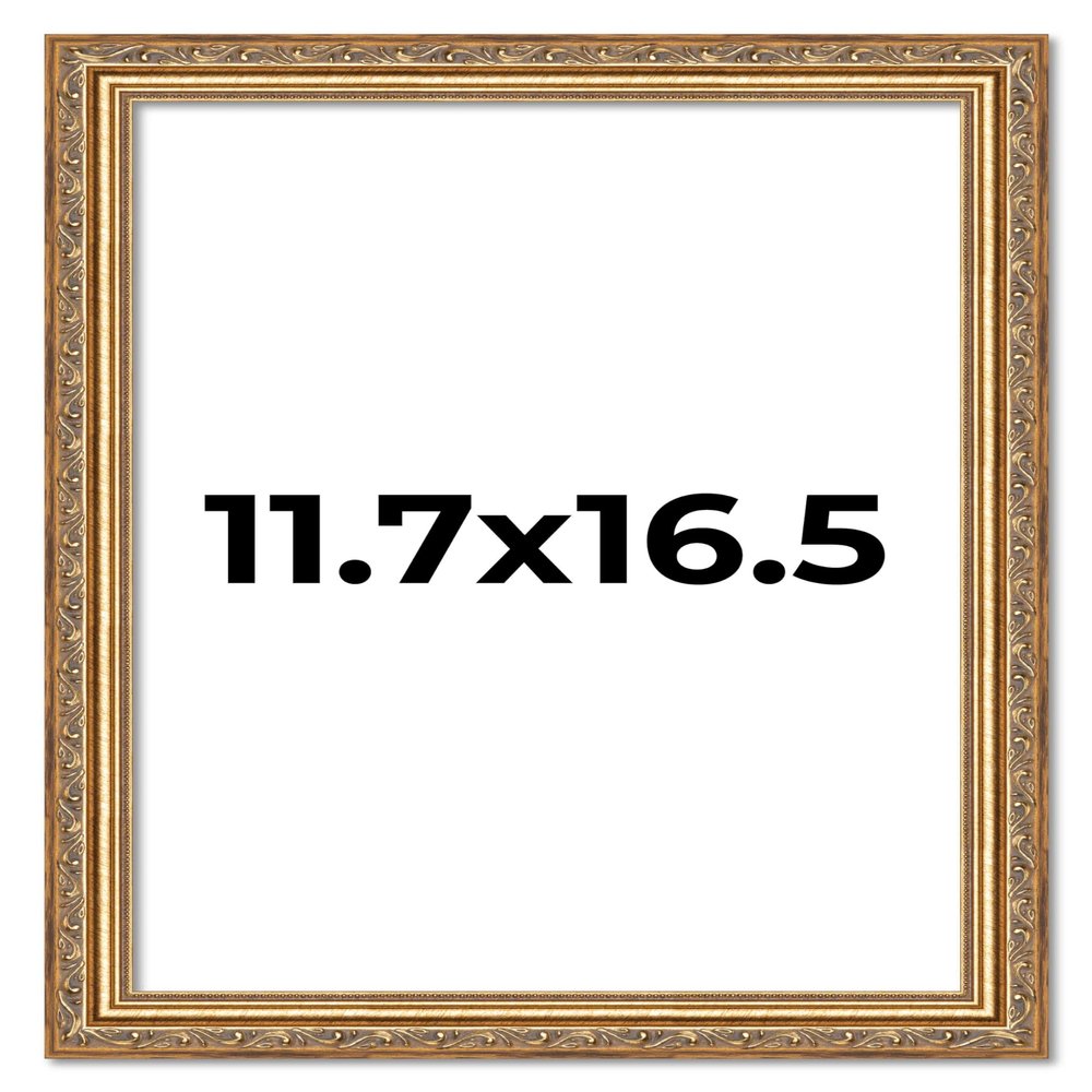 CustomPictureFrames.com A3 11.7x16.5 Antique Gold Picture Frame - Traditional Wood Photo Frame Complete with UV Acrylic, Foam Board Backing & Hanging Hardware