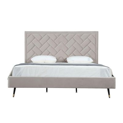 Manhattan Comfort Crosby Platform Bed Frame with Chevron Velvet Upholstered Headboard, Black Iron Legs, Gold Tips, No Box Spring Needed, Pine Wood Slats, Stylish Bedroom Furniture, King, Greige