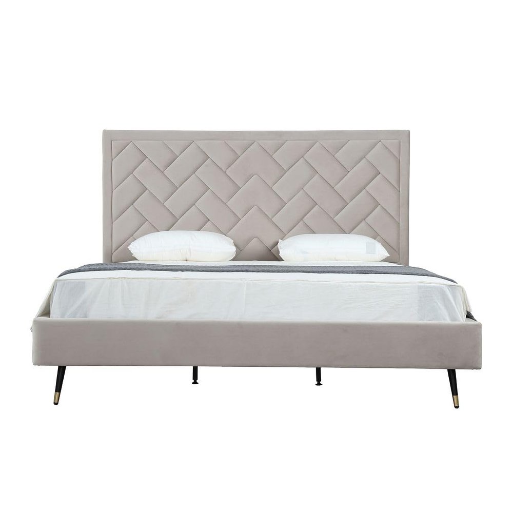 Manhattan Comfort Crosby Platform Bed Frame with Chevron Velvet Upholstered Headboard, Black Iron Legs, Gold Tips, No Box Spring Needed, Pine Wood Slats, Stylish Bedroom Furniture, King, Greige