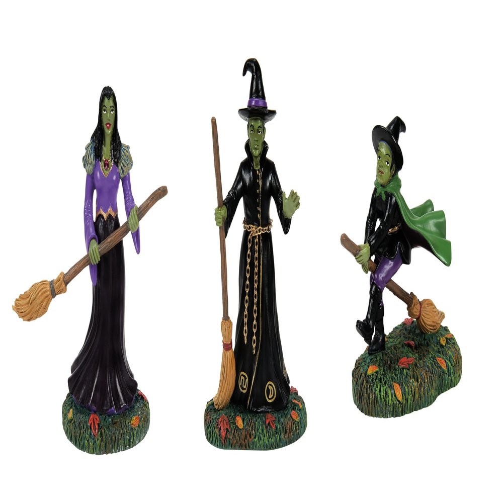 Department 56 Snow Village Halloween Accessories Ghouls and Goblins Witch Figurines 3pc Set- Resin Hand Painted Crafted Collectible Halloween Witches Figurine Home Decor Statues, Various Sizes