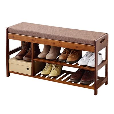 Shoe Bench Bamboo 3 Tier Shoe Rack Storage Bench Organiser with Padded Cushion Seat for Entryway Hallway Living Room, 90*29.5*48cm, Brown
