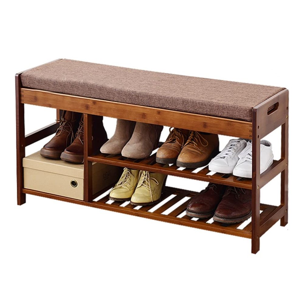 Shoe Bench Bamboo 3 Tier Shoe Rack Storage Bench Organiser with Padded Cushion Seat for Entryway Hallway Living Room, 90*29.5*48cm, Brown