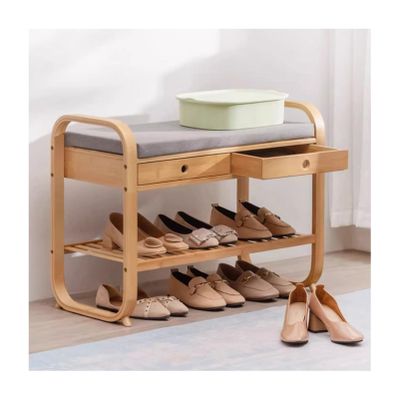 KAMPCO Wood Storage Bench for Entryway, Shoe Rack Bench with Drawers and Cotton Linen Seat Cushion, Change Shoes Bench, 74 x 34 x 55 cm, Grey