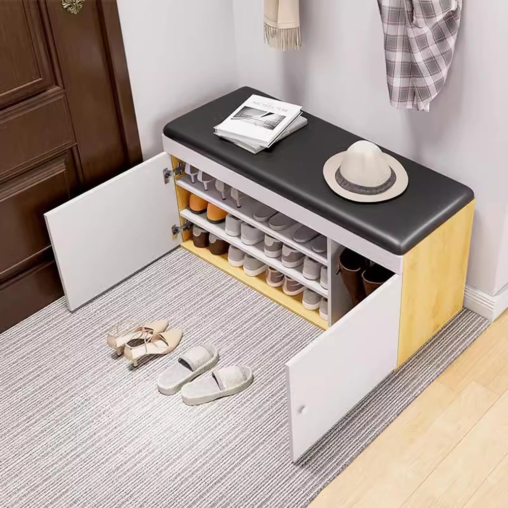 Shoe Storage Bench with Doors and 4 Compartments,Entryway Shoe Bench Seat Cabinet for Hallway,Bedroom,Living Room