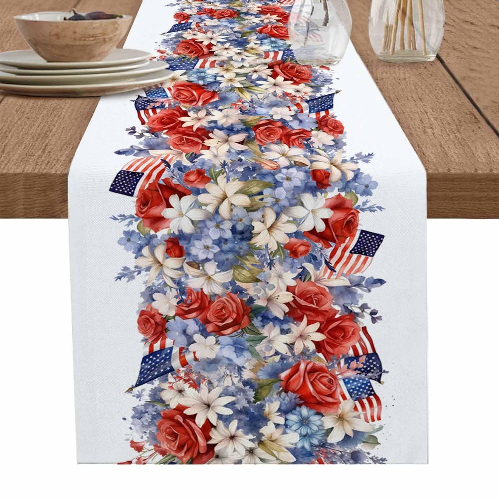 4th Of July Table Runner 72 Inches Long,Kitchen Dining Burlap & Cotton Tablerunner for Small/Round/Square/Wedding/Coffee/Dining Table Party Home Dcor White Red Blue Stripes Stars Flag Flower 14 x 72