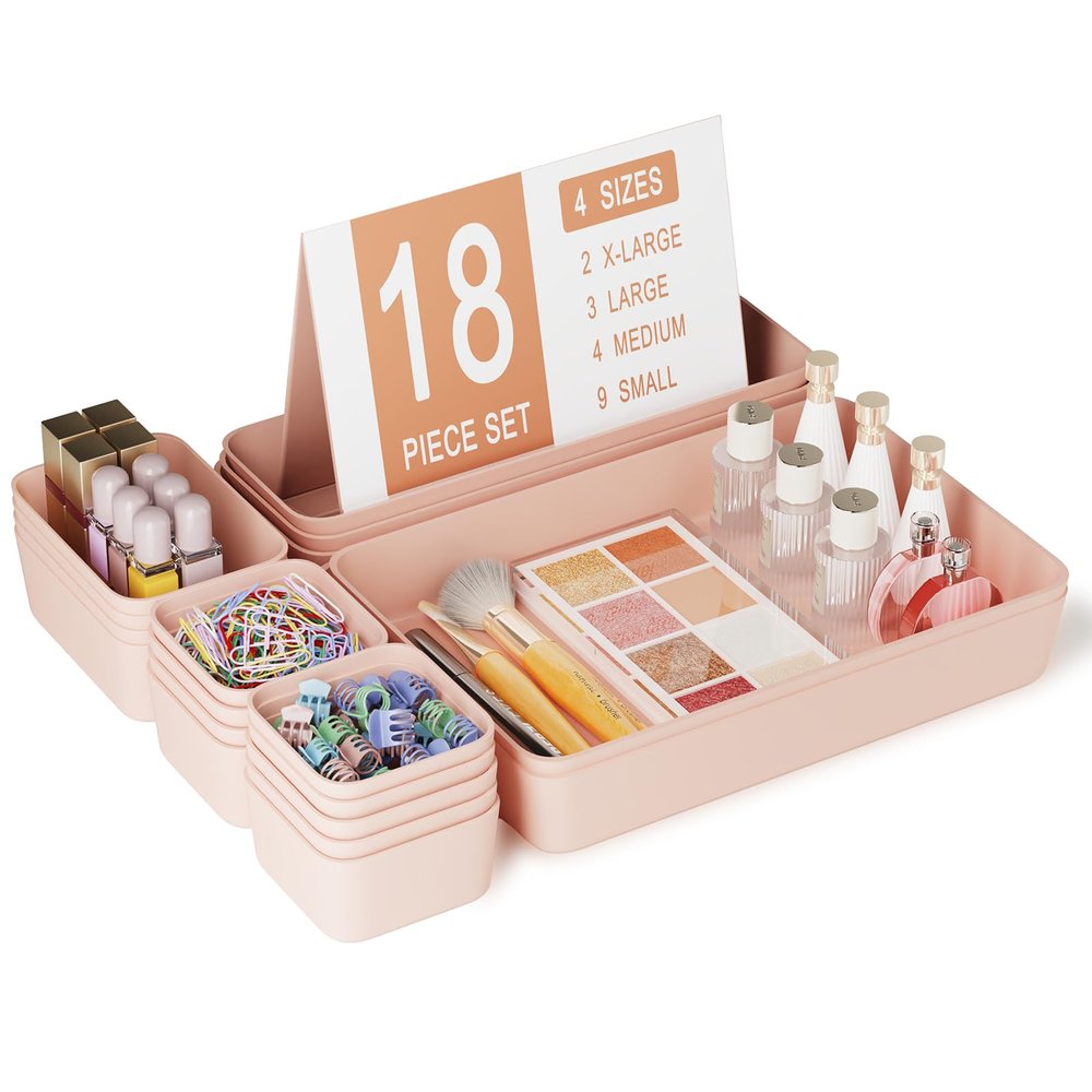 Homhut Plastic Drawer Organizers, 18 PCS Bathroom Drawer Organizer Bins, Desk and Vanity Organizer Plastic Tray, Makeup organizer and storage for Bedroom, Kitchen Gadgets Utensils and Office (Pink)