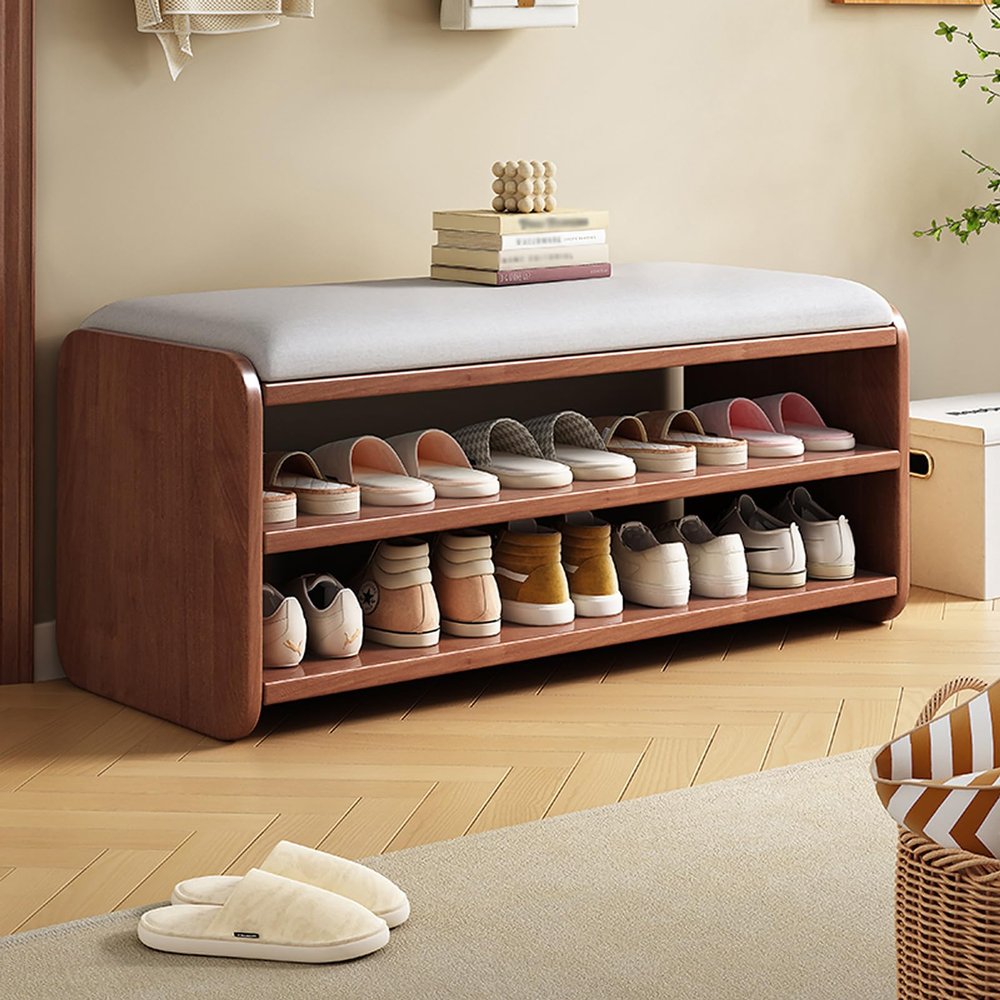2 Tier Wood Shoe Rack Bench for Entryway,Shoe Storage Organizer Bench with Linen Padded Seat,Shoe Cabinet for Hallway,Living Room, 80 x 30 x 45 cm, Walnut