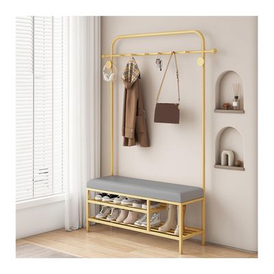 Shoe Rack 3-in-1 Coat Rack Freestanding Shoe Bench Rack for Entryway 2-Tier Storage Shelf and 6 Hooks Coat Tree for Small Spaces, for Hallway, Bedroom, Mudroom, Living Room (Color : Gold, Size : 80*
