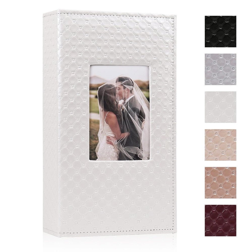 RECUTMS Photo Album 4x6,Holds 300 Photos,PU Leather Picture Album with Black Pages, Horizontal Pockets, Clear Sleeves Memory Book for Family, Travel, Wedding & Gift (White)