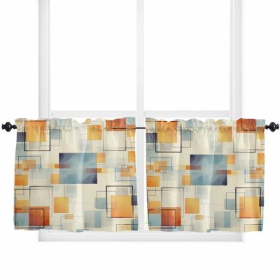 Jolunifun Geometric Kitchen Curtain 36 Inch Length Small Short Cafe Tiers Curtains Drape, 2 Panels Window Treatment Rod Pocket Drapery Panels Curtains, Modern Abstract Multi Colored Paintng 55x36