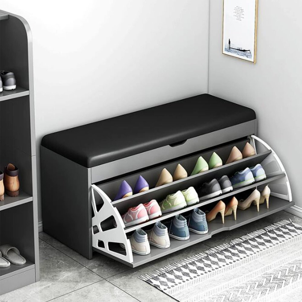 Modern Shoe Rack Organizer for Bedroom Hallway Shoe Cabinet with 3 Flip Drawers,Storage Shoe Bench with Padded Seat,Entryway Bench with Lift Top Storage Box