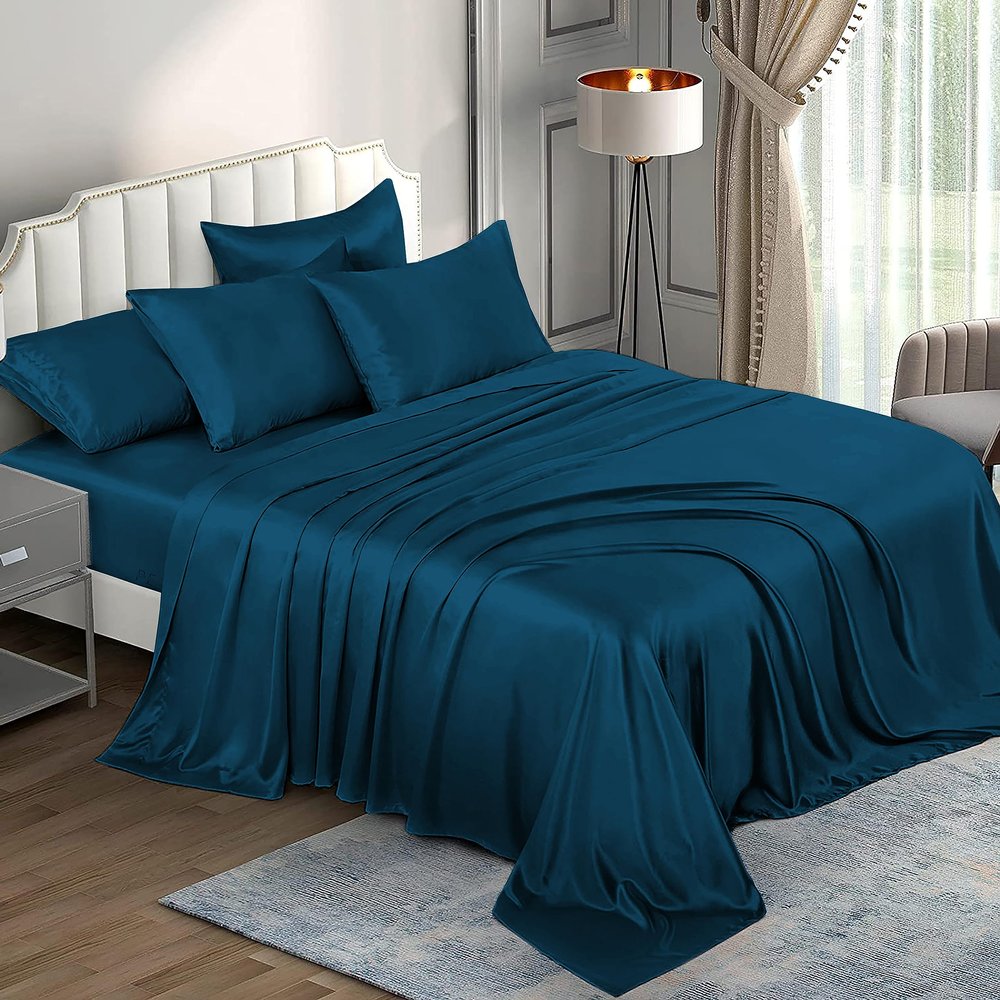 6 Piece Mulberry Silk Sheet Set Full Size (54x75)+ Upto 16 Inch Deep Pocket Teal Color Smooth Soft and Silk Bed Sheets Full Size Bedding Set