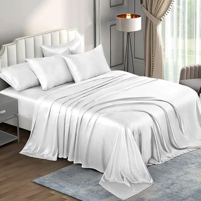 6 Piece Mulberry Silk Sheet Set Queen Size (60x80)+ Upto 16 Inch Deep Pocket White Color Smooth Soft and Silk Bed Sheets Queen Size Bedding Set