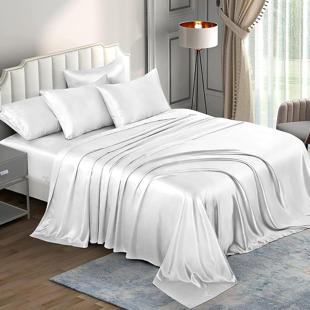 6 Piece Mulberry Silk Sheet Set Queen Size (60x80)+ Upto 16 Inch Deep Pocket White Color Smooth Soft and Silk Bed Sheets Queen Size Bedding Set