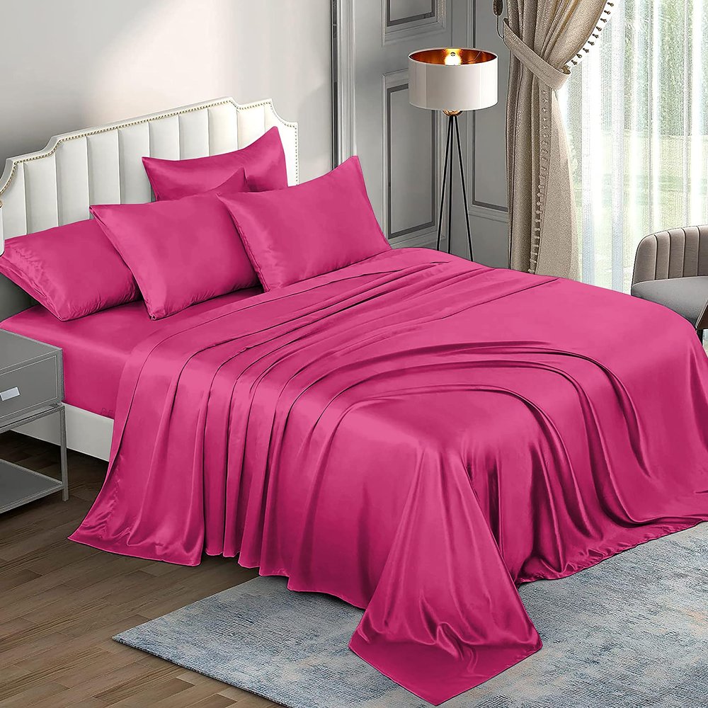 6 Piece Mulberry Silk Sheet Set Cal- King Size (72x84)+ Upto 16 Inch Deep Pocket Hot Pink Color Smooth Soft and Silk Bed Sheets Cal King Size Bedding Set