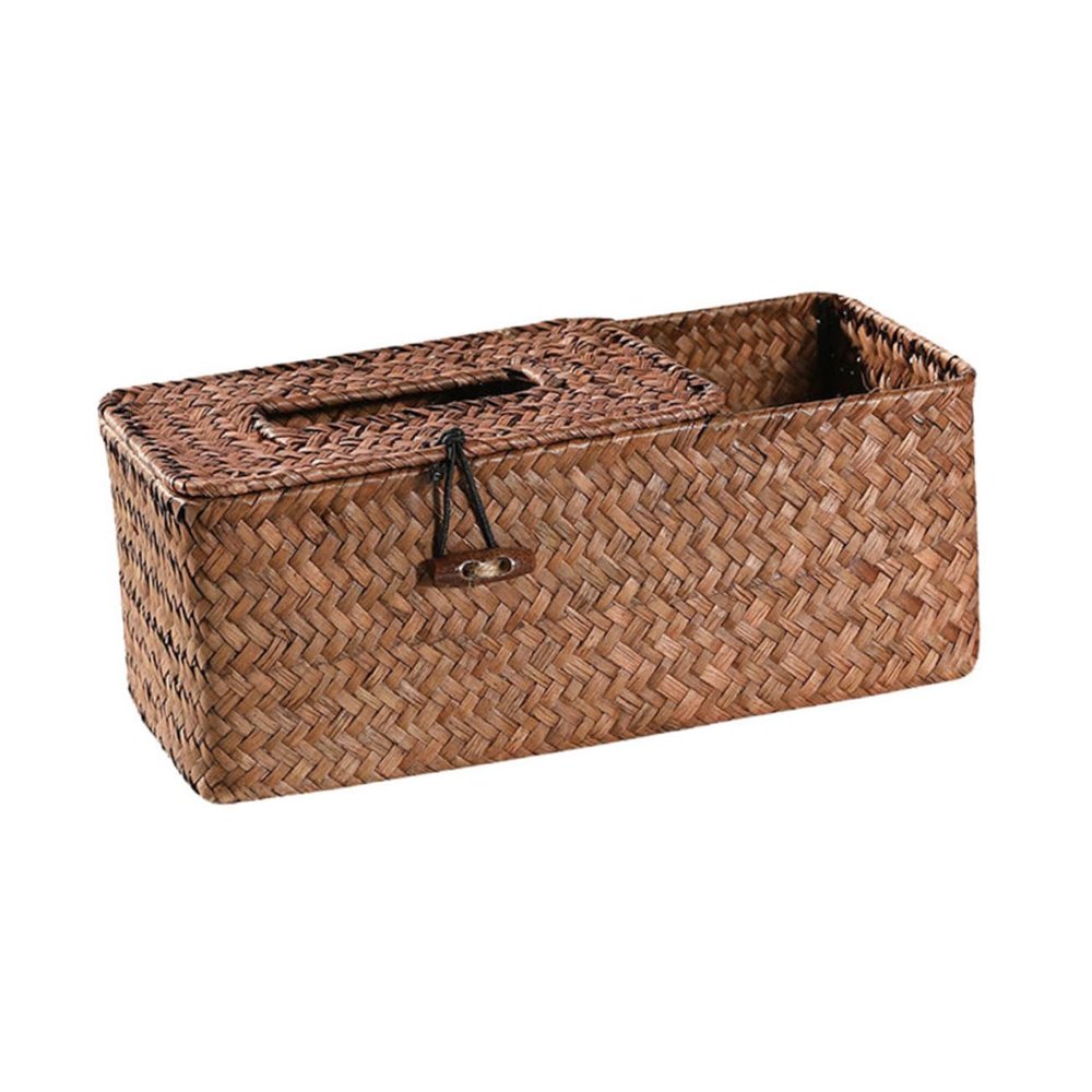 Beatifufu 1pc Seagrass Woven Tissue Holder Lid Handmade Storage Box for Remote Control Office Supplies Bathroom and Desk Organization Stylish Compartment Design