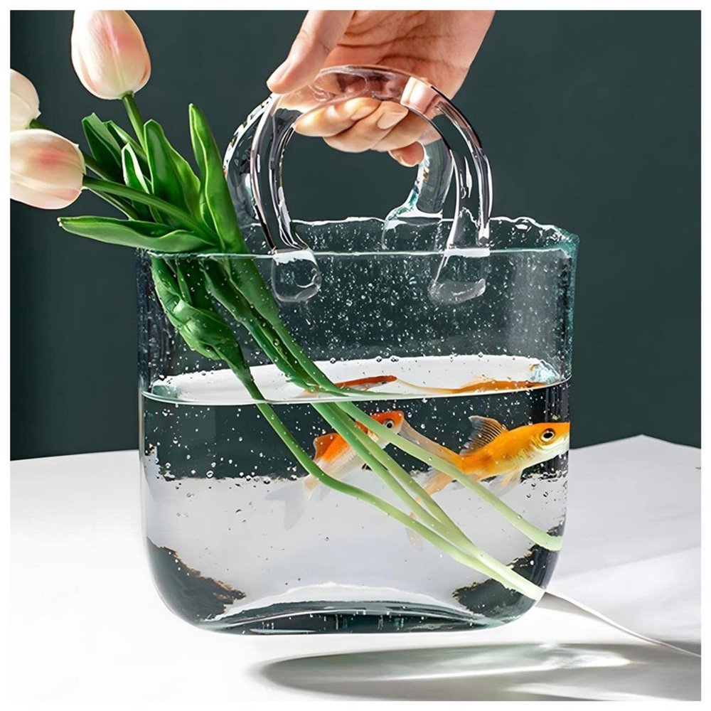 Bag Vase for Flowers, Hand Blown Glass Vase Purse Vase Flower Purse Glass Vase, Modern Farmhouse Decor,Style1-Transparent