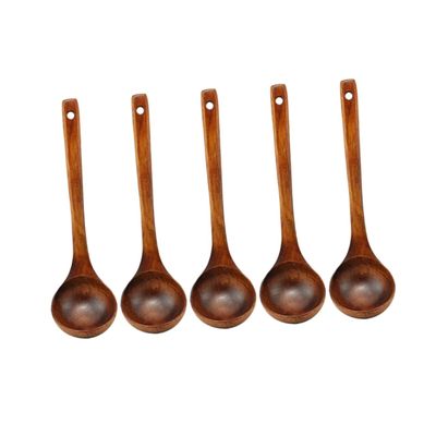 SHOWERORO 5pcs Long Handle Wooden Soup Spoon Natural Round Kitchen Utensils for Soup Cooking Mixing and Serving Food-grade Wooden Cutlery
