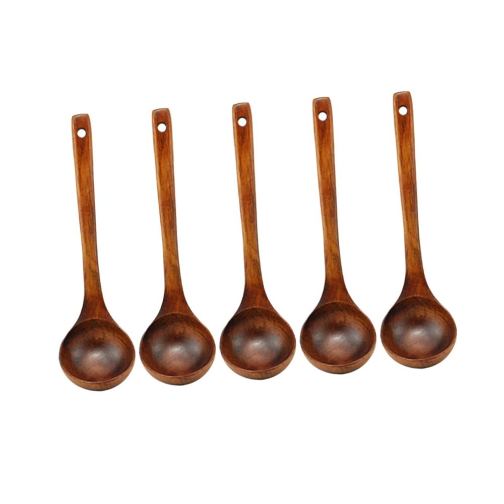 SHOWERORO 5pcs Long Handle Wooden Soup Spoon Natural Round Kitchen Utensils for Soup Cooking Mixing and Serving Food-grade Wooden Cutlery