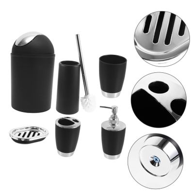Beatifufu 6pcs Plastic Bathroom Accessory Set Lotion Dispenser Toothbrush Holder Tumbler Cup Soap Dish Toilet Brush Trash Can Black for Decor