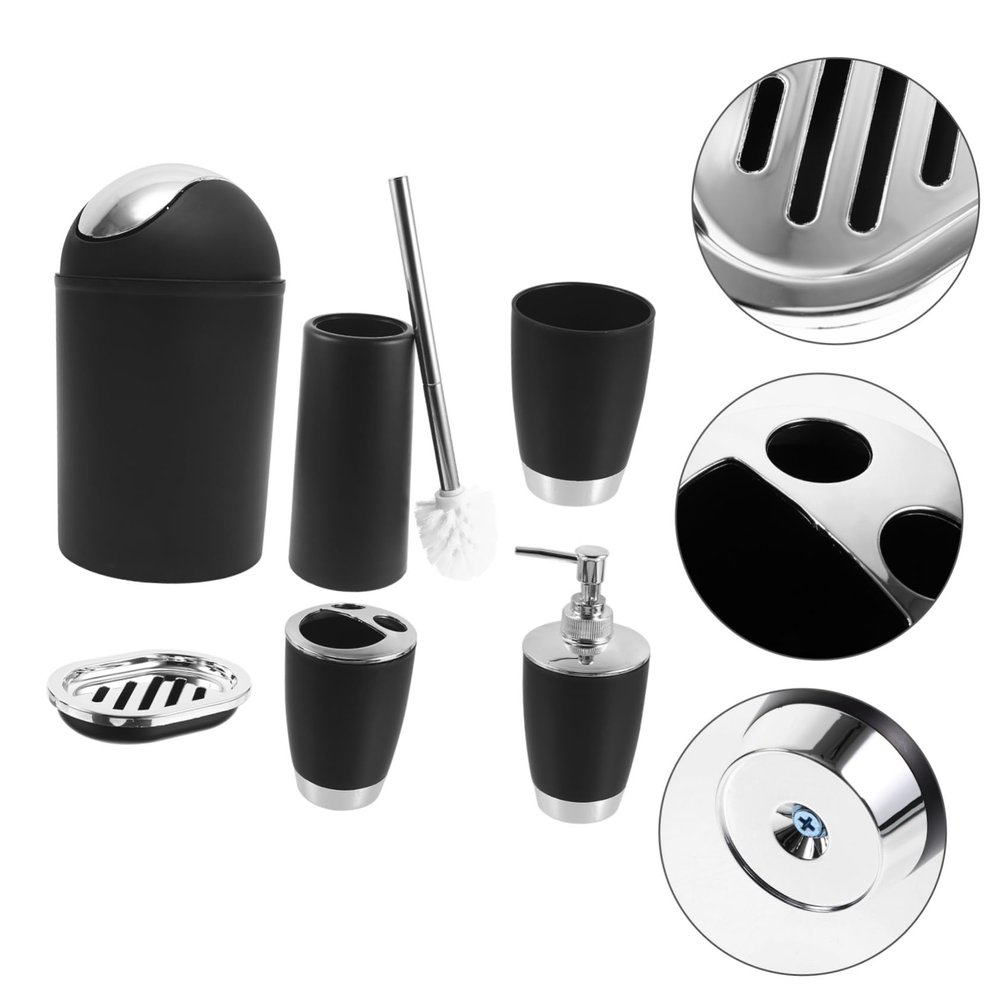 Beatifufu 6pcs Plastic Bathroom Accessory Set Lotion Dispenser Toothbrush Holder Tumbler Cup Soap Dish Toilet Brush Trash Can Black for Decor