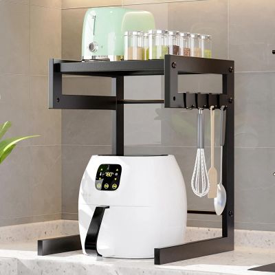 Multifunctional Kitchen Rice Cooker Storage Shelf, 2 Height Adjustable Countertop Metal Rack with 4 Hooks
