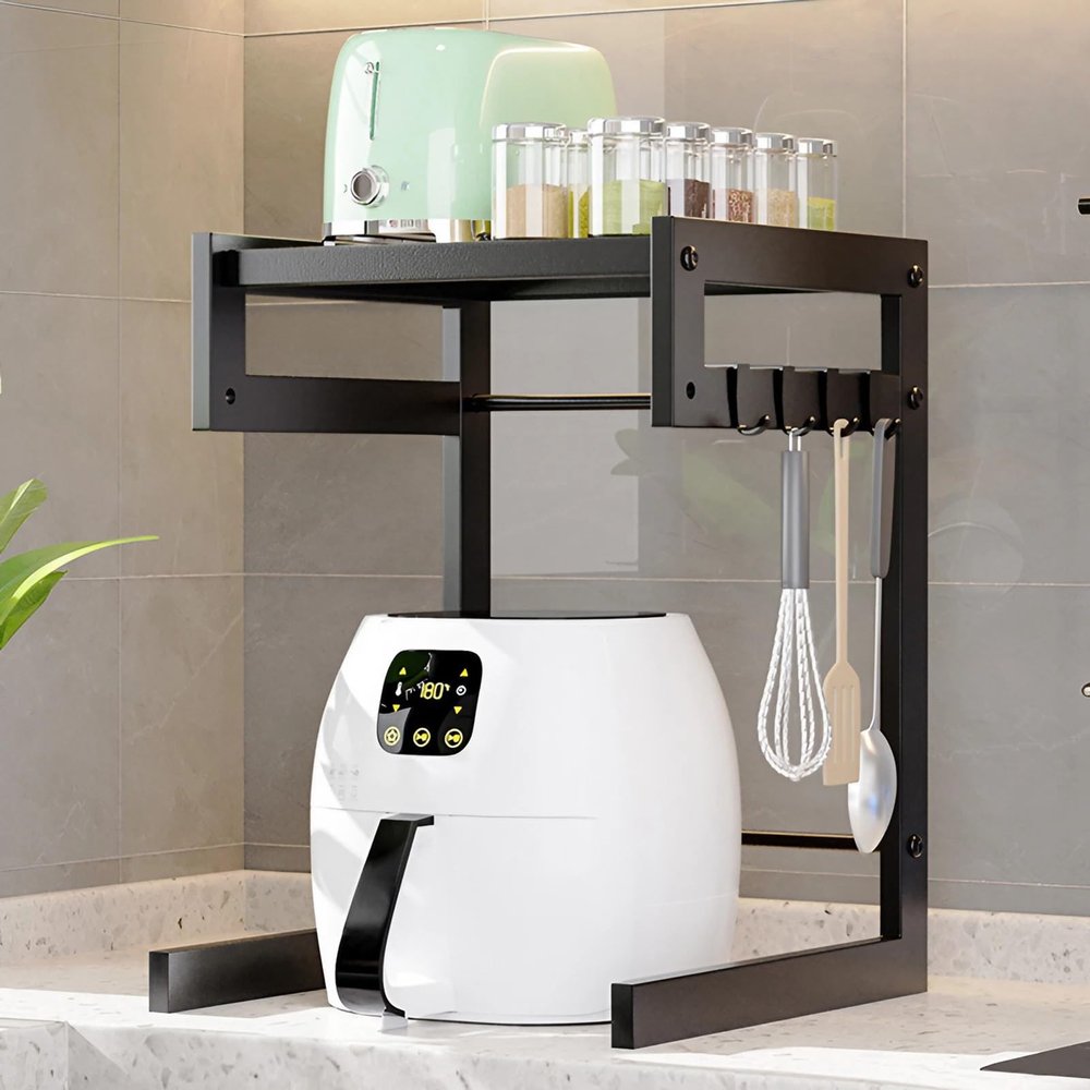 Multifunctional Kitchen Rice Cooker Storage Shelf, 2 Height Adjustable Countertop Metal Rack with 4 Hooks