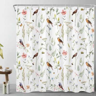 LB Green Leaf Bird Shower Curtain Butterfly Bird and Floral Leaves Plant White Bathroom Shower Curtain Watercolor Botanical Bathroom Decor with Hooks 72Lx72W Inch Polyester Fabric Bath Curtain