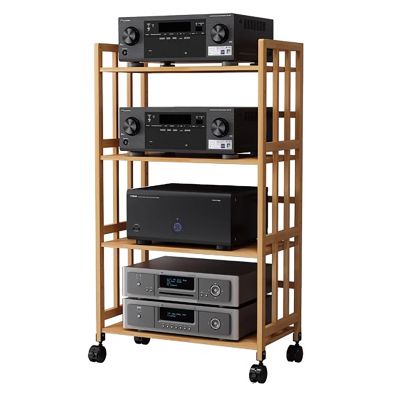JYHHCYS Mobile Bamboo Audio Rack Cabinet Stereo Component Stand On Wheels, Multi-Layer Upright Record Player Amplifiers Media Shelf with Adjustable Shelf (Color : 4 tier-123CM, Size : W-80CM)