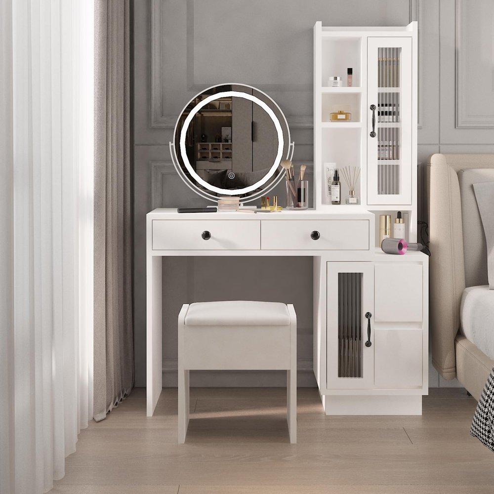 Makeup Vanity Desk Set with LED Light, Mirror and Charging Station,Makeup Desk with Side Cabinet, Makeup Vanity Table with 4 Drawer, Vanity Table Set with Cushioned Stool for Bedroom (White)