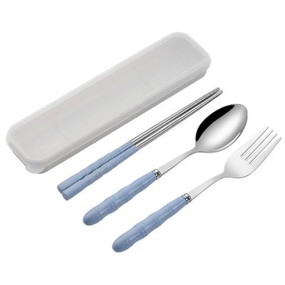 WHIERGGIN Silverware Set, 3/12/18/24 Pieces Stainless Steel Forks, Spoons And Chopsticks Set Student Portable Spoon, Fork, Chopsticks And Tableware Three-piece Gift Set (Color : Blue, Size : 1Set-3P