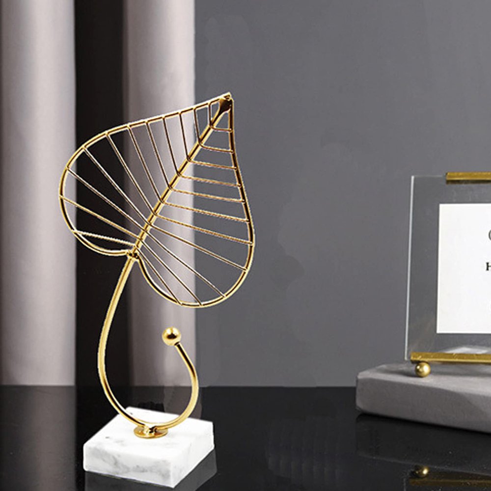 BORDSTRACT Golden Leaf Sculpture Statue with Light Luxury Marble Base - Elegant Home Decoration, Minimalist Design for Office and Home Decor